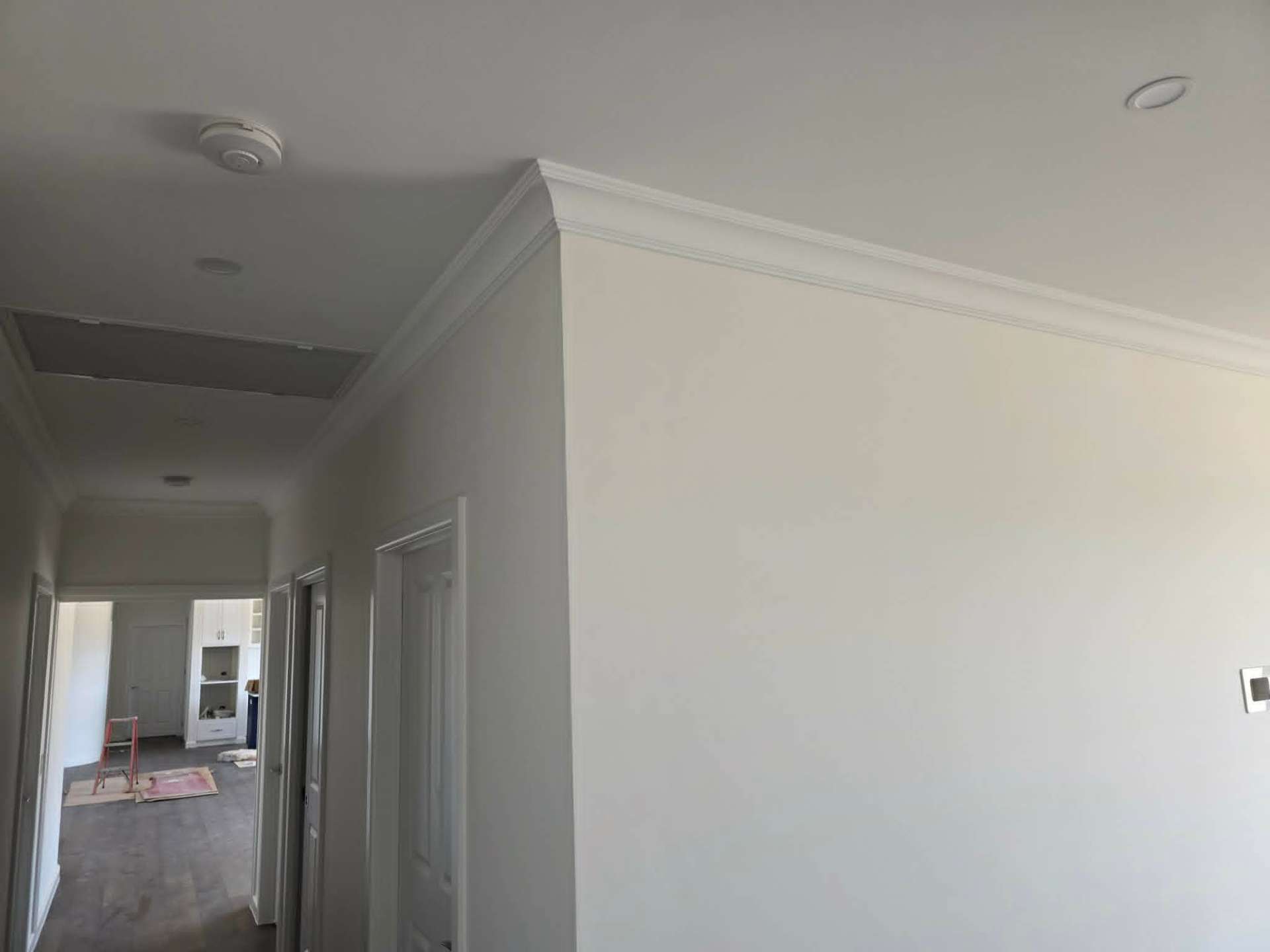 Freshly plastered hallway walls with a fine cornice line in a Ballarat home